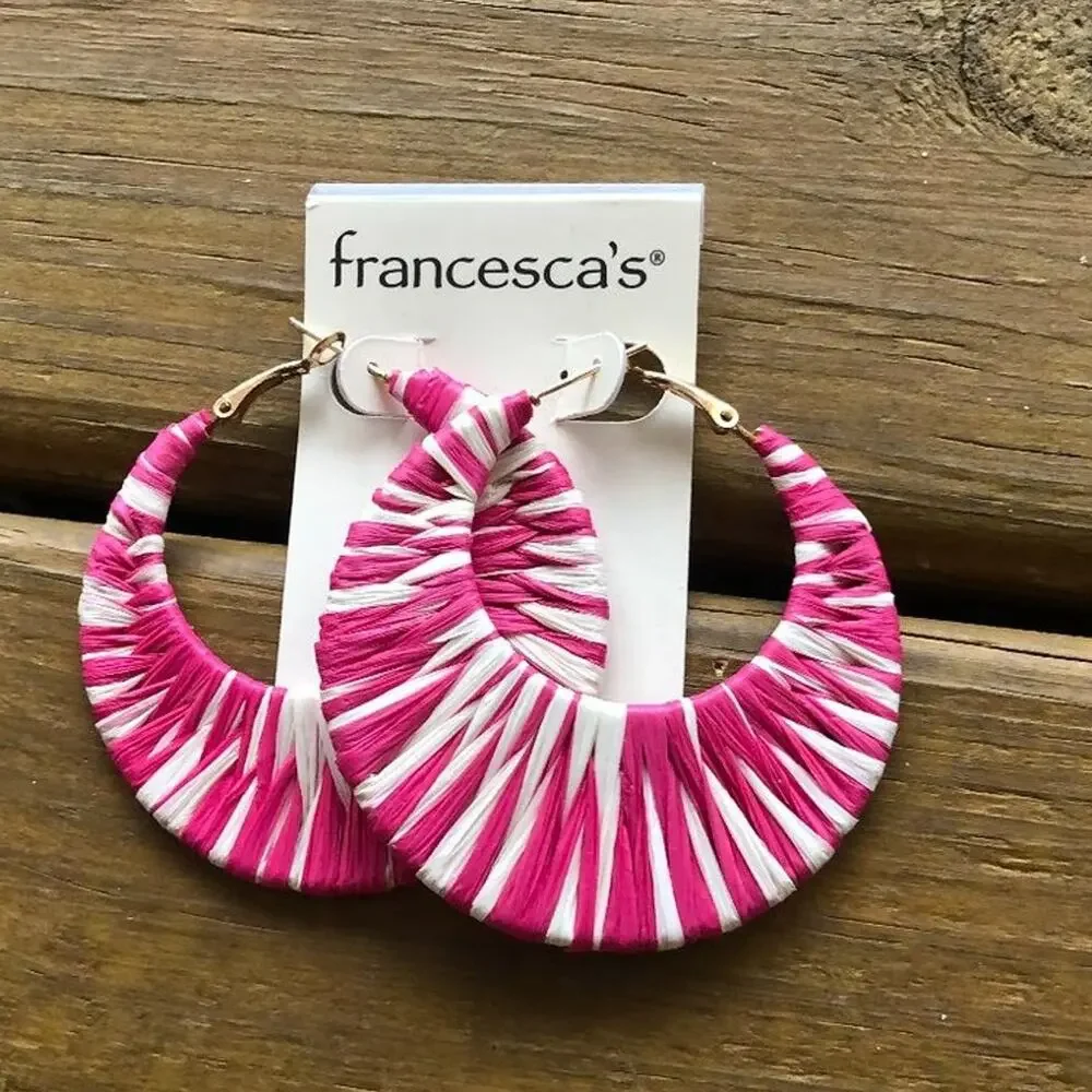 Francesca's Pink and White Woven Hoop Earrings